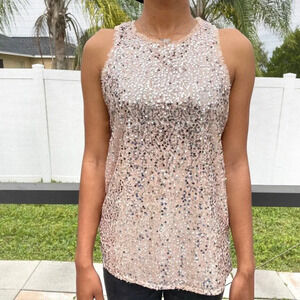 Zara Beige Sequin Frayed Hem Detail Top Size Extra Small Scoop Neck Lined